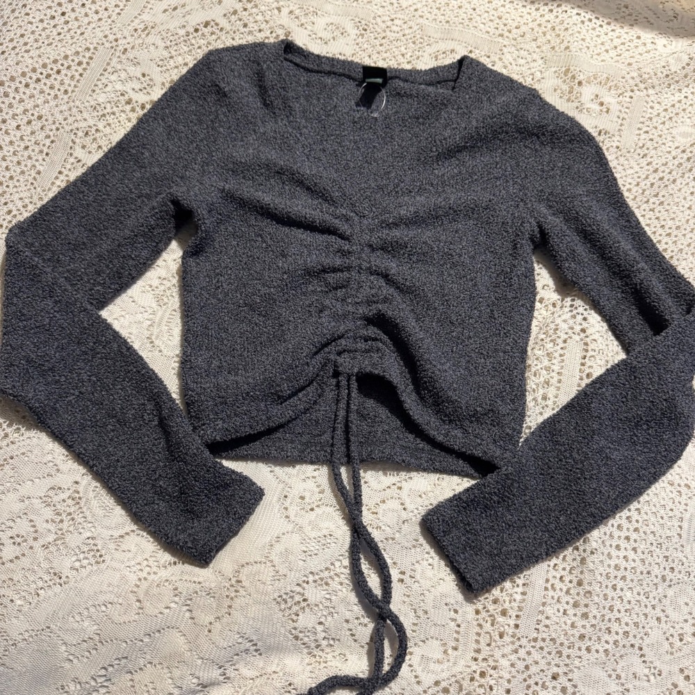 Wild Fable Women's Grey Cozy Knit Cropped Sweater Drawstring Long Sleeve M